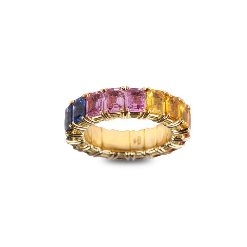 Sapphires Rainbow 18K Yellow Gold Emerald Cut Stretch Ring