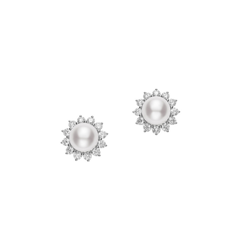 Classic Elegance 18K White Gold White Akoya Cultured Pearl & Diamond Halo Earrings