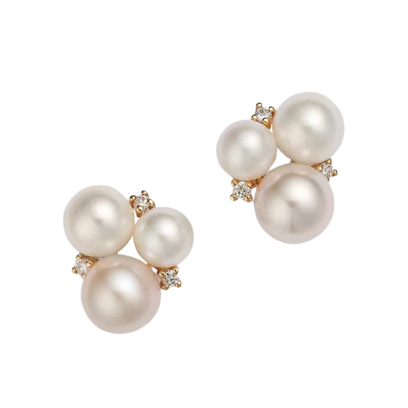 Cultured Freshwater Pearl & Diamond Cluster Stud Earrings in 14K Yellow Gold