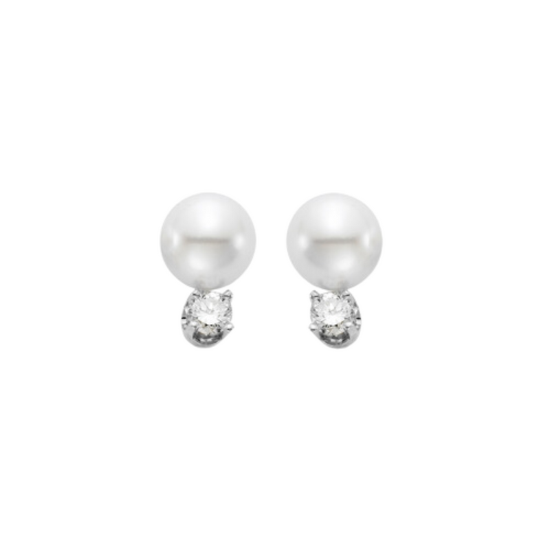 Akoya Pearl 14K White Gold 8.5-9mm White AA Pearl Stud Earrings set with Round Brilliant Cut Diamonds