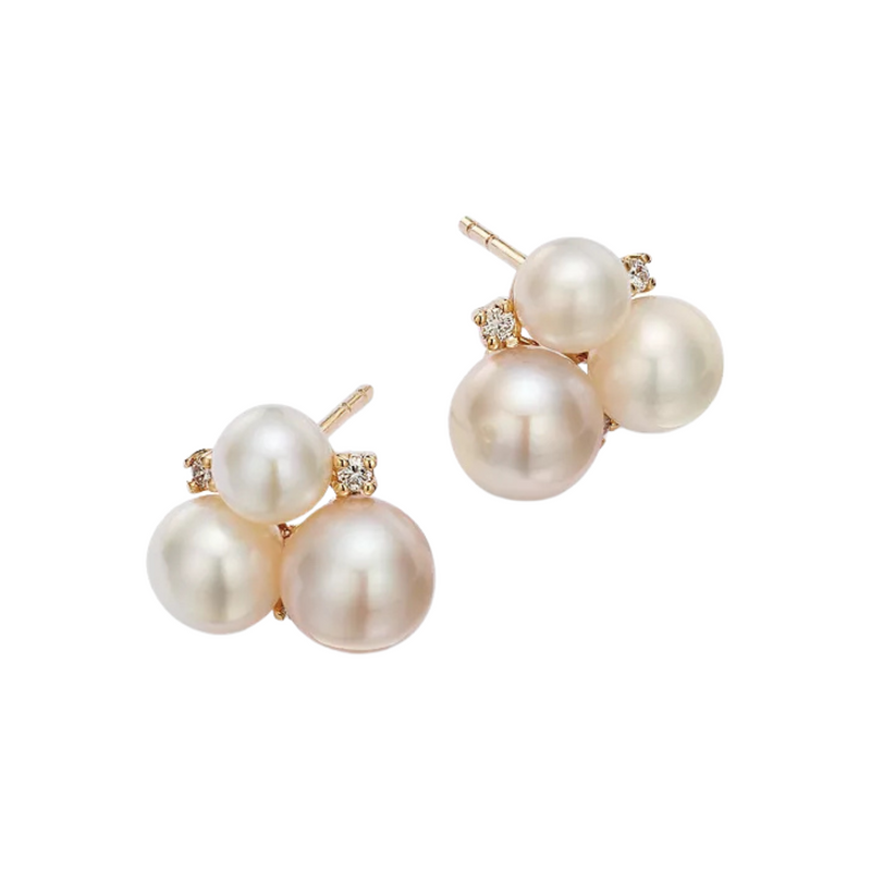 Cultured Freshwater Pearl & Diamond Cluster Stud Earrings in 14K Yellow Gold