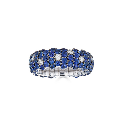 Blue Sapphire 18K White Gold Domed Diamond Stretch Ring