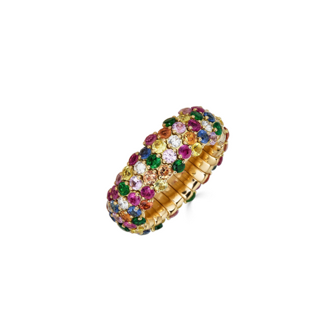 Multicolor 18K Yellow Gold Sapphires and Tsavorites Stretch Small Ring