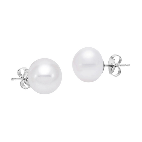 14K White Gold 9.5-10MM Button Freshwater Pearl Earrings