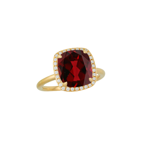 Royal 18K Yellow Gold Red Garnet Center Diamond Halo Ring