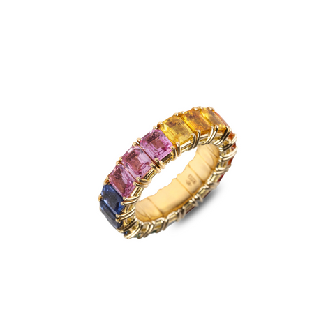 Sapphires Rainbow 18K Yellow Gold Emerald Cut Stretch Ring