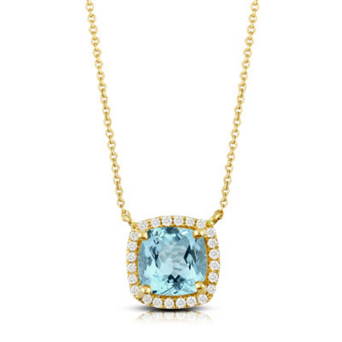 Sky Blue 18K Yellow Gold Blue Topaz Diamond Halo Pendant Necklace