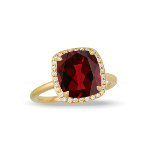 Royal 18K Yellow Gold Red Garnet Center Diamond Halo Ring