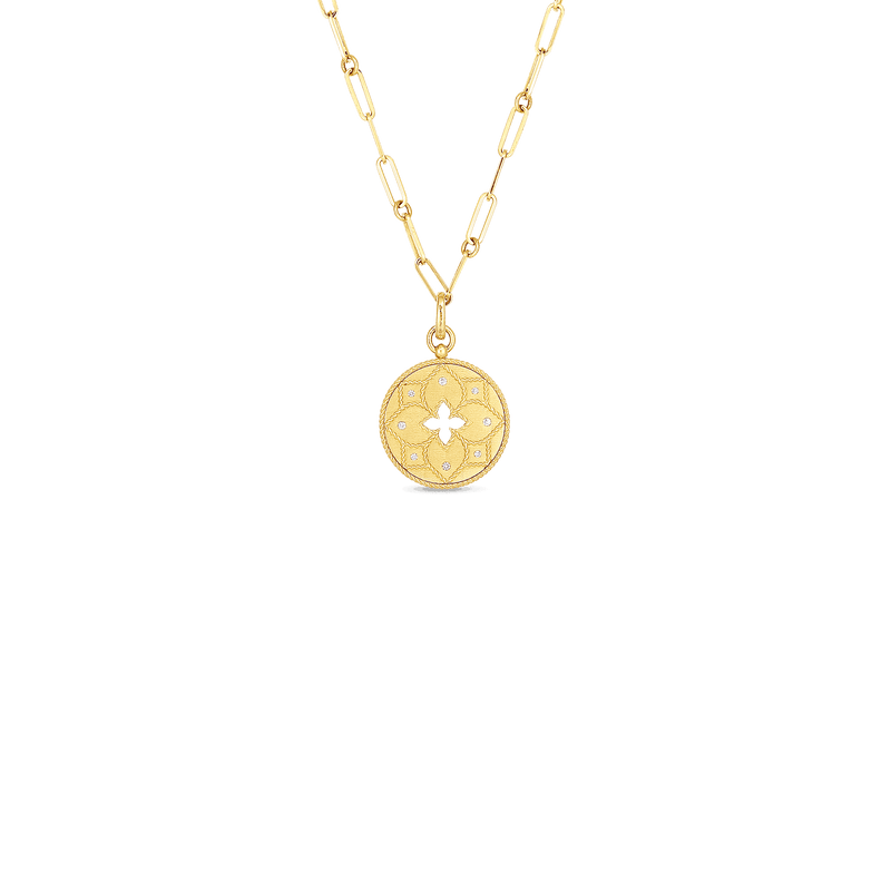 Venetian Princess 18K Yellow Gold Satin Finish Diamond Accent Flower Cutout Medallion on Chain Necklace