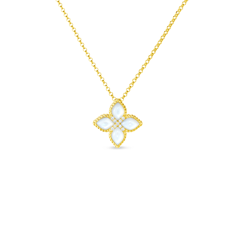 18K Yellow Gold Venetian Princess Mother of Pearl & Diamond Medium Flower Necklace