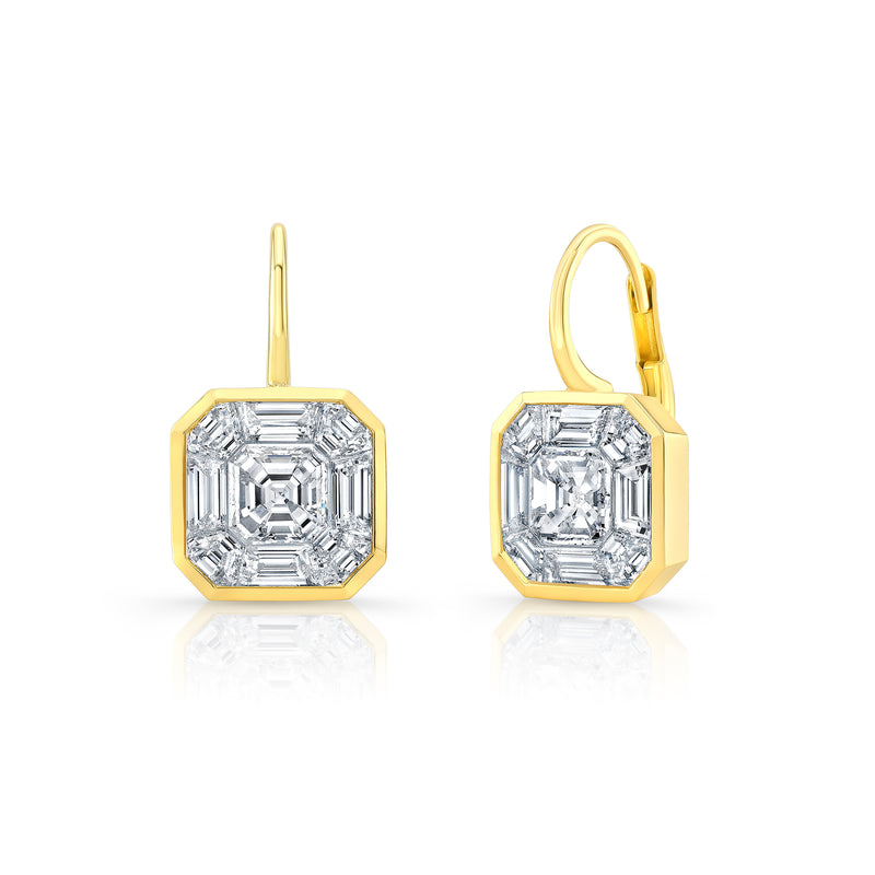 Asscher & Baguette Cluster 3.06 ct 18K Yellow Gold Invisible Set Diamond Earrings