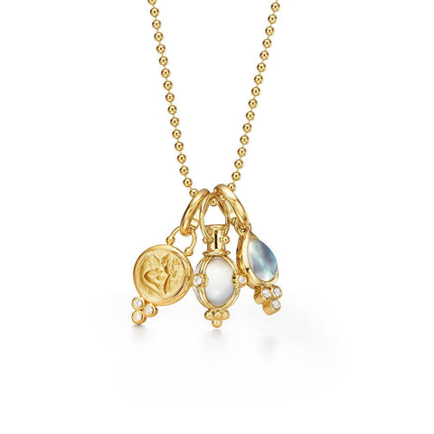 Signature 18K Yellow Gold Three Charm Rock Crystal, Moonstone & Diamond Chain Necklace