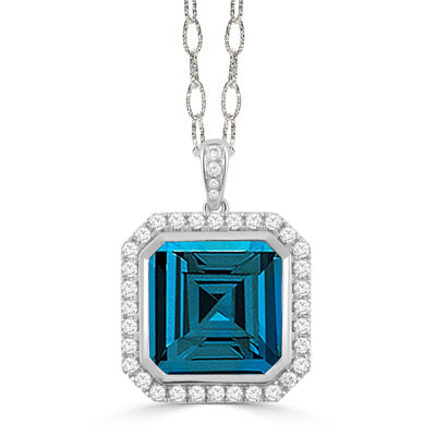 London Blue 18K White Gold Topaz & Diamond Halo Pendant Necklace