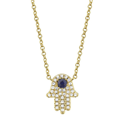 Kate 14K Yellow Gold Center Blue Sapphire & Diamond Pavé Hamsa Necklace