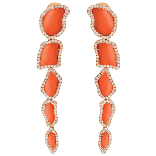 Chantecler Capri Jewelry - Enchanté 18K Rose Gold Red Coral and Diamond Long Drop Earrings | Manfredi Jewels