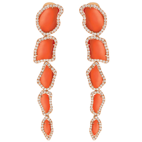 Enchanté 18K Rose Gold Red Coral and Diamond Long Drop Earrings