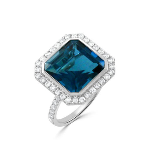 Doves Jewelry - London Blue 18K White Gold Topaz Center Diamond Halo Ring | Manfredi Jewels