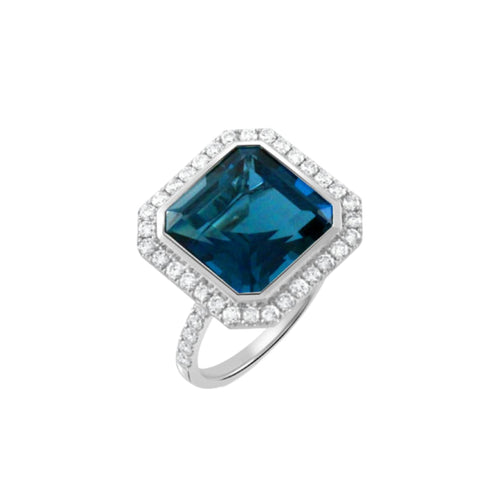 Doves Jewelry - London Blue 18K White Gold Topaz Center Diamond Halo Ring | Manfredi Jewels