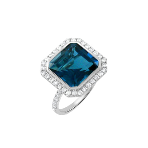 London Blue 18K White Gold Topaz Center Diamond Halo Ring