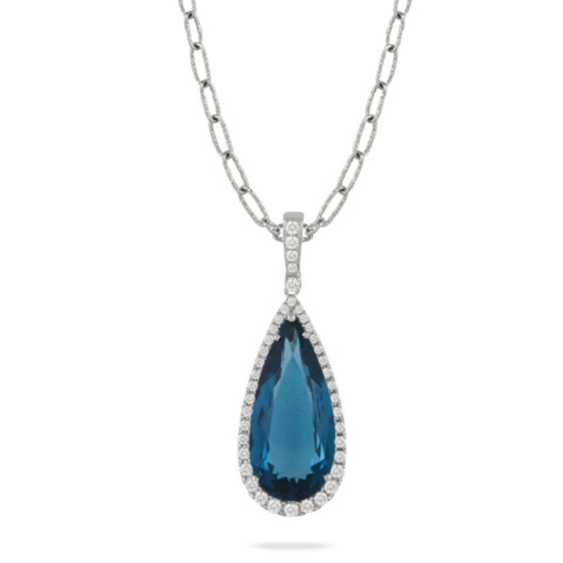 Doves Jewelry - London Blue 18K White Gold Topaz & Diamond Halo Pendant Necklace | Manfredi Jewels