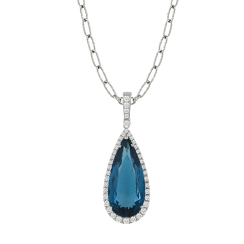 London Blue 18K White Gold Topaz & Diamond Halo Pendant Necklace