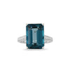 Doves Jewelry - London Blue 18K White Gold Topaz Emerald Cut Center Diamond Pavé Ring | Manfredi Jewels