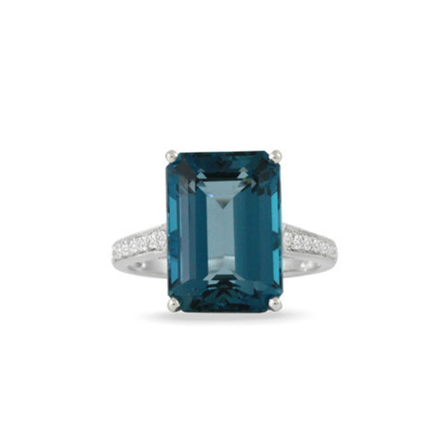 Doves Jewelry - London Blue 18K White Gold Topaz Emerald Cut Center Diamond Pavé Ring | Manfredi Jewels