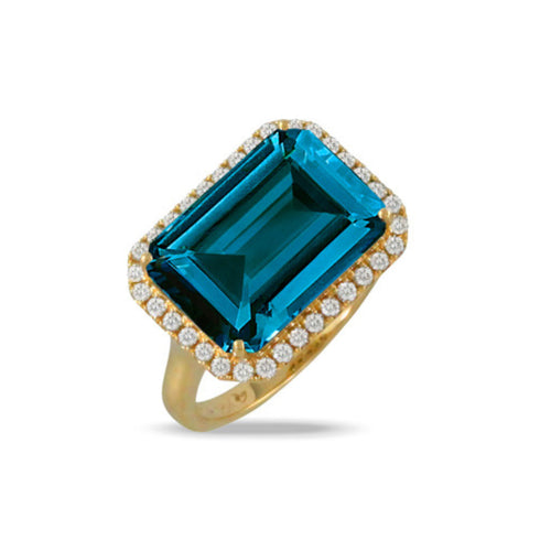 Doves Jewelry - London Blue 18K Yellow Gold Topaz Emerald Cut Center Diamond Halo Ring | Manfredi Jewels