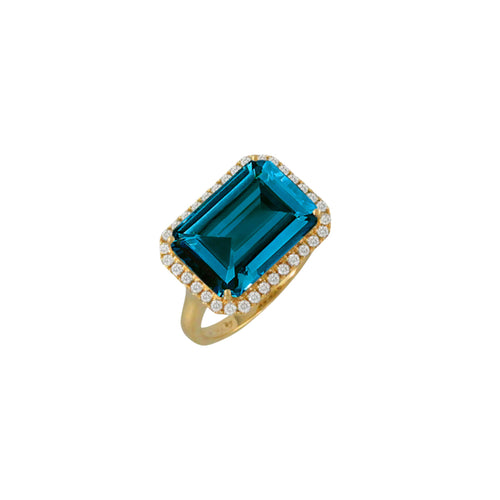 Doves Jewelry - London Blue 18K Yellow Gold Topaz Emerald Cut Center Diamond Halo Ring | Manfredi Jewels