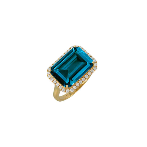 London Blue 18K Yellow Gold Topaz Emerald Cut Center Diamond Halo Ring