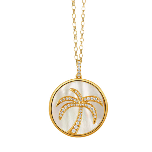 Doves Jewelry - Tropics 18K Yellow Gold Mother of Pearl Palm Tree Diamond Pendant Necklace | Manfredi Jewels