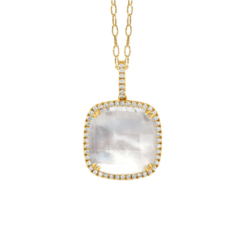 White Orchid 18K Yellow Gold Quartz Over Mother of Pearl Diamond Drop Pendant Necklace