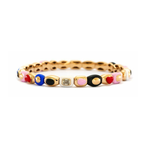 Harlequin 18K Yellow Gold One Yellow Diamond Station & Mixed Color Ceramic Bangle Bracelet