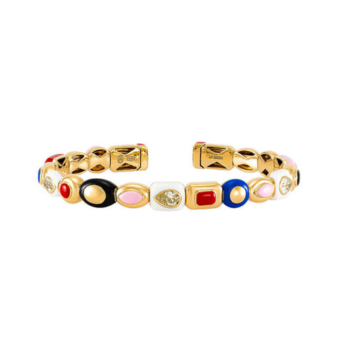 Harlequin 18K Yellow Gold Three Yellow Diamond Station & Mixed Color Ceramic Bangle Bracelet