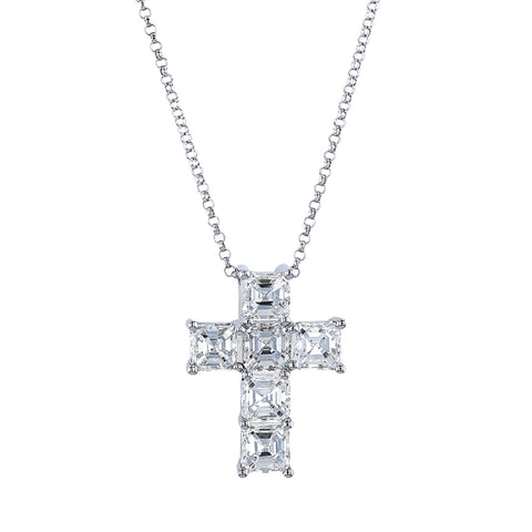 Asscher Cut Platinum 3.16 ct Diamond Cross Pendant Necklace