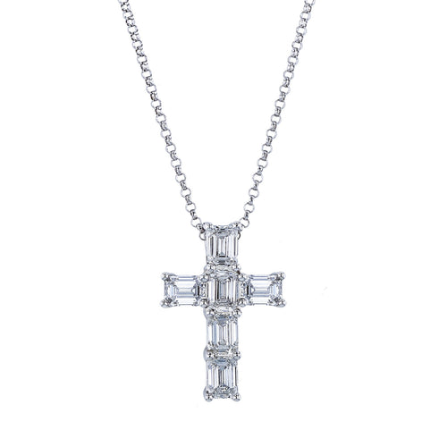 Manfredi Jewels Jewelry - Emerald Cut 18K White Gold 4.26 ct Diamond Cross Pendant Necklace | Manfredi Jewels