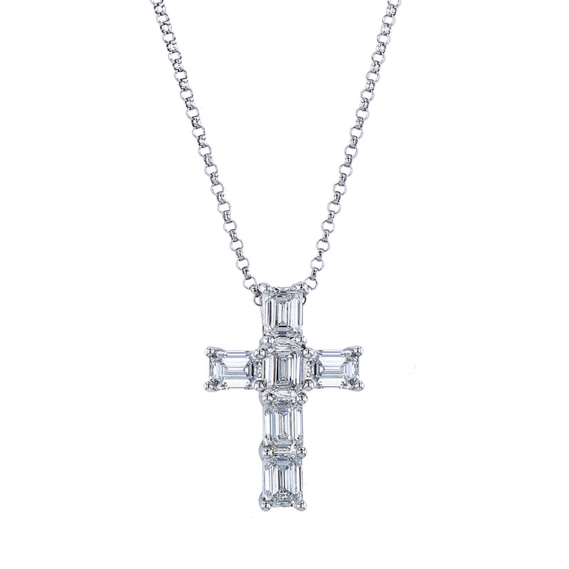 Manfredi Jewels Jewelry - Emerald Cut 18K White Gold 4.26 ct Diamond Cross Pendant Necklace | Manfredi Jewels