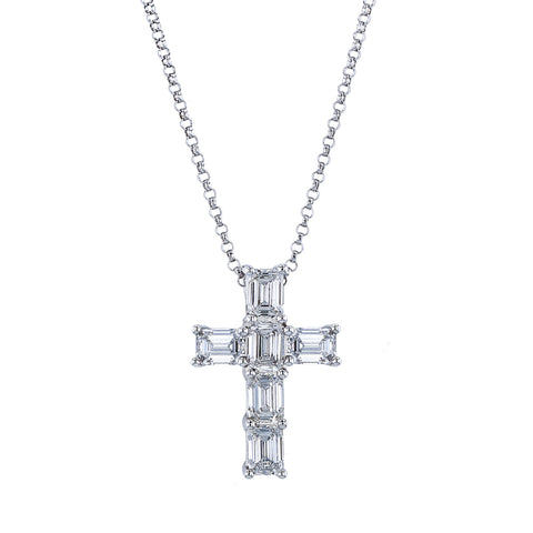 Emerald Cut 18K White Gold 4.26ct Diamond Cross Pendant Necklace