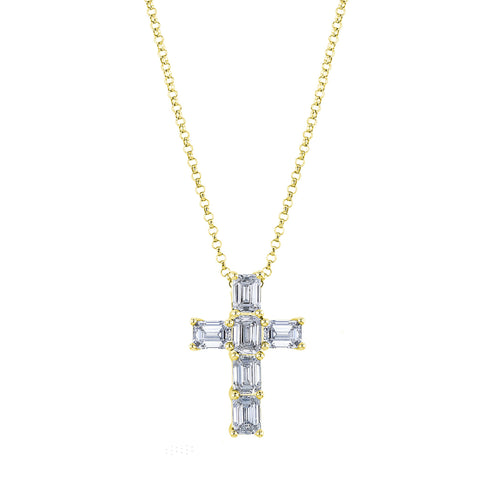 Emerald Cut 18K Yellow Gold 1.25ct Diamond Cross Pendant Necklace