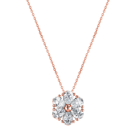 Pear Cut 18K Rose Gold 3.04 ct Diamond Flower Pendant Necklace