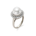 Mastoloni Jewelry - Cultured Fresh Water White Pearl 18K White Gold 10.5mm Double Halo Diamond Ring | Manfredi Jewels