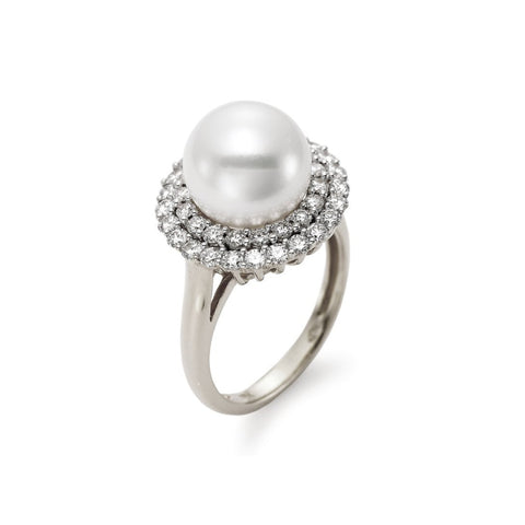 Cultured Fresh Water White Pearl 18K White Gold 10.5mm Double Halo Diamond Ring