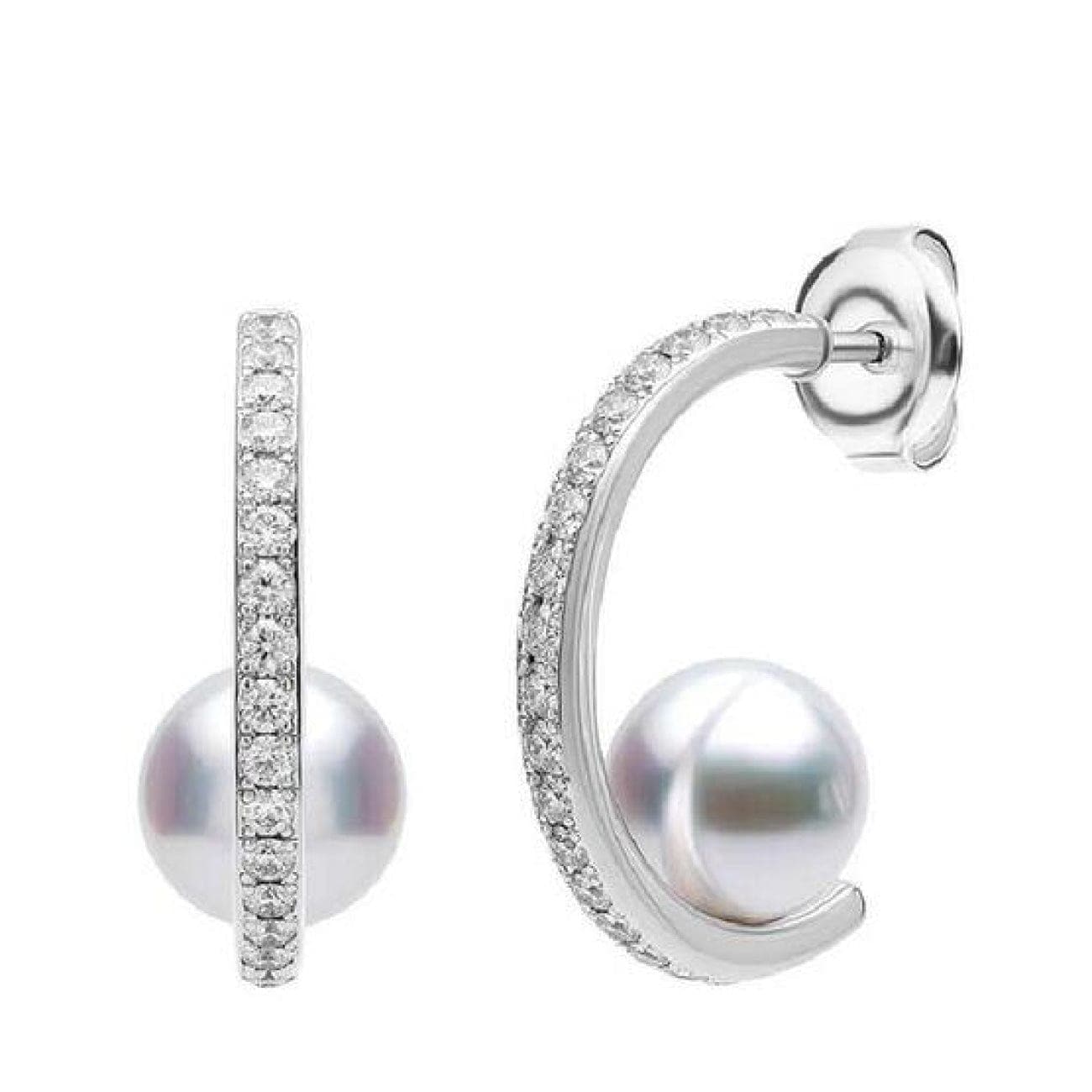Mikimoto Akoya 18k White Gold Floating Cultured Pearl  Diamond Hoop  Earrings  Jewelry  Manfredi