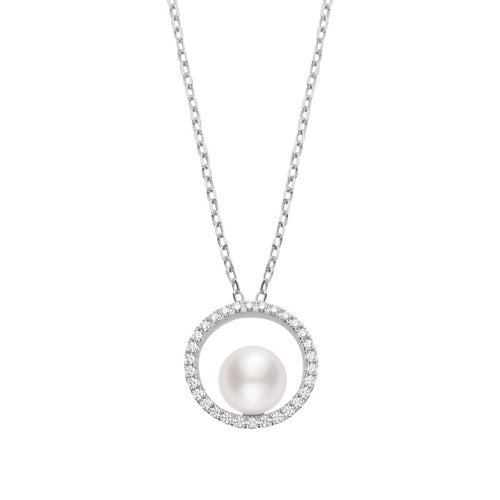 Mikimoto Jewelry - Classic Elegance 18K White Gold Akoya Cultured Pearl & Diamond Circle Pendant Necklace | Manfredi Jewels