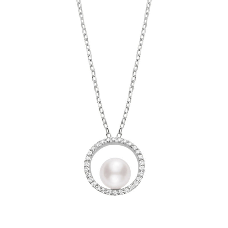 Mikimoto Jewelry - Classic Elegance 18K White Gold Akoya Cultured Pearl & Diamond Circle Pendant Necklace | Manfredi Jewels