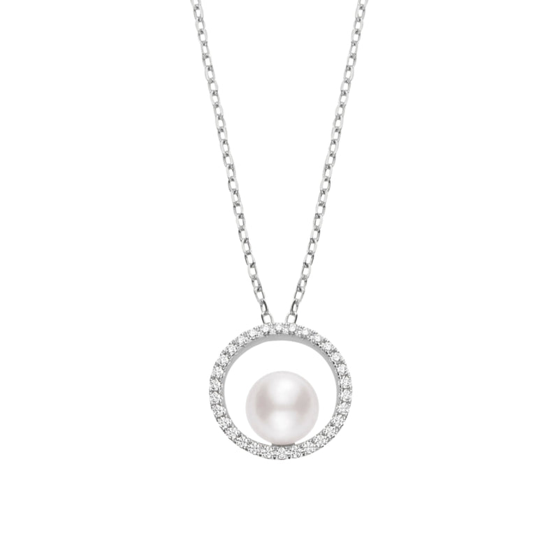 Mikimoto Jewelry - Classic Elegance 18K White Gold Akoya Cultured Pearl & Diamond Circle Pendant Necklace | Manfredi Jewels