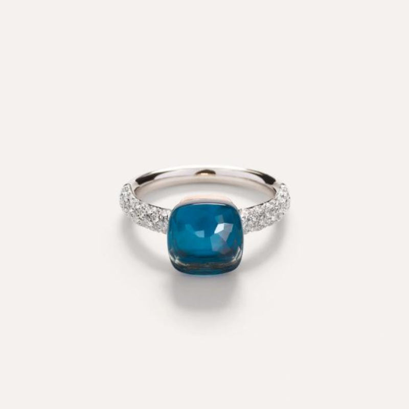 Pomellato Jewelry - Nudo 18K White Gold Blue London Topaz with Diamond Pavé Ring | Manfredi Jewels