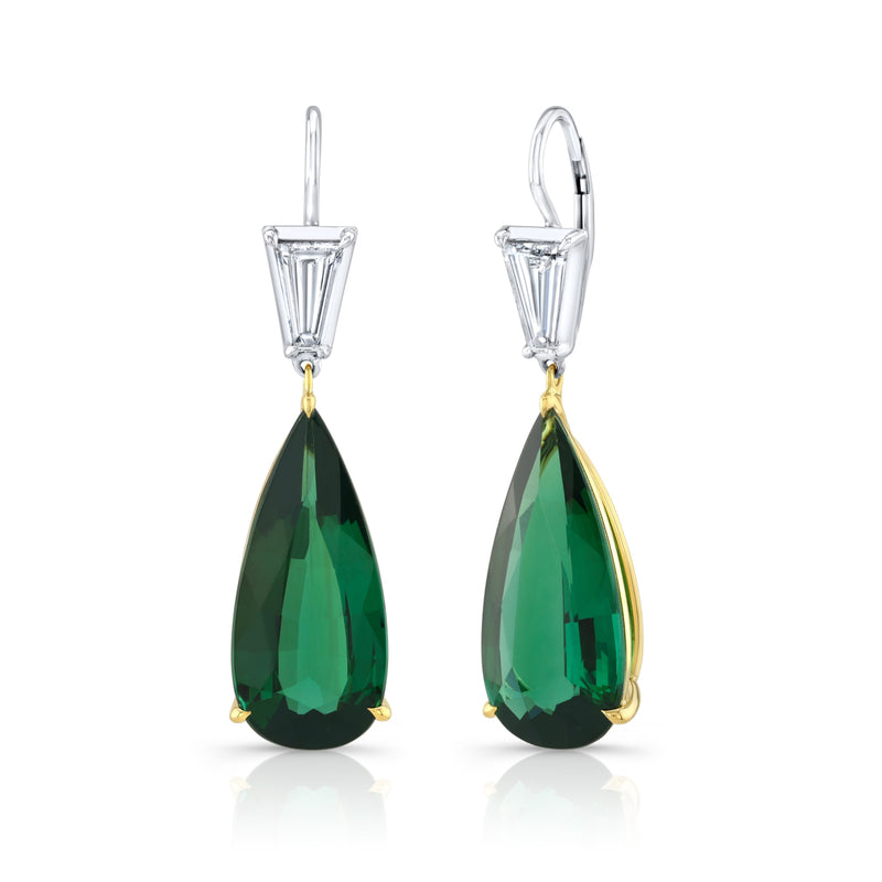 Rahaminov Diamonds Jewelry - Pear Shape 21.91 ct 18K White & Yellow Gold Green Tourmaline and Diamond Drop Earrings | Manfredi Jewels