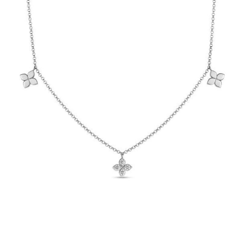 Roberto Coin Jewelry - 18K White Gold Love by the Inch Diamond & Polished Flower Station Necklace | Manfredi Jewels