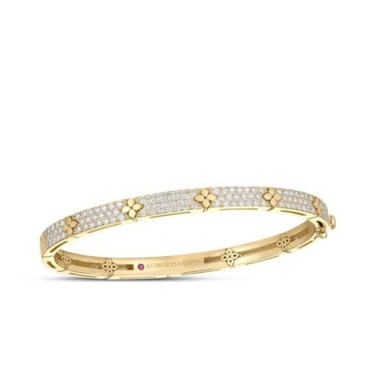 Roberto Coin Jewelry - Love In Verona 18K Yellow Gold Diamond Pave & Polished Flower Narrow Bangle | Manfredi Jewels